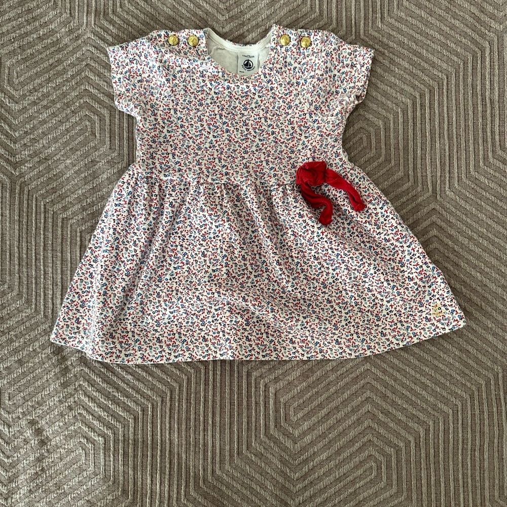 Petit bateau Baby Girls Floral Knit Dress with Red Bow